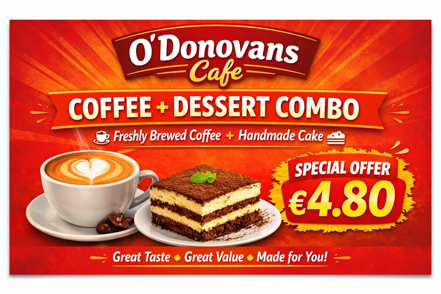 Coffee and dessert combo: freshly brewed coffee with a slab of handmade cake