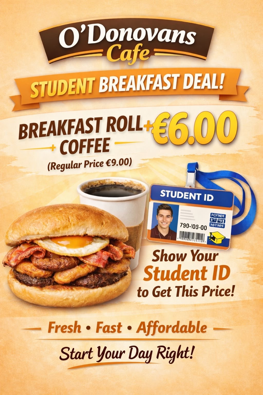 Student breakfast deal: breakfast roll and coffee for €6 with student ID
