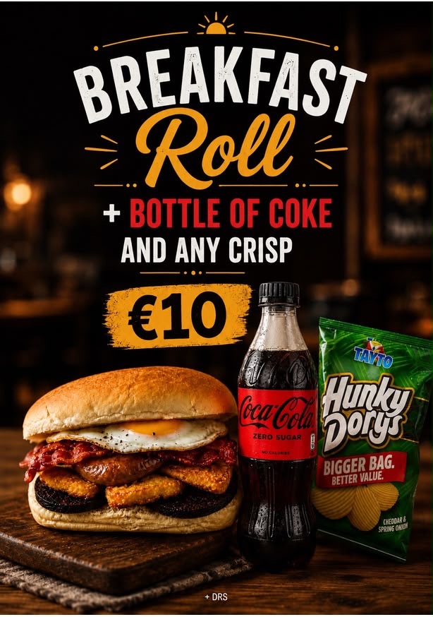 Breakfast roll with a bottle of Coke and any crisps for €10
